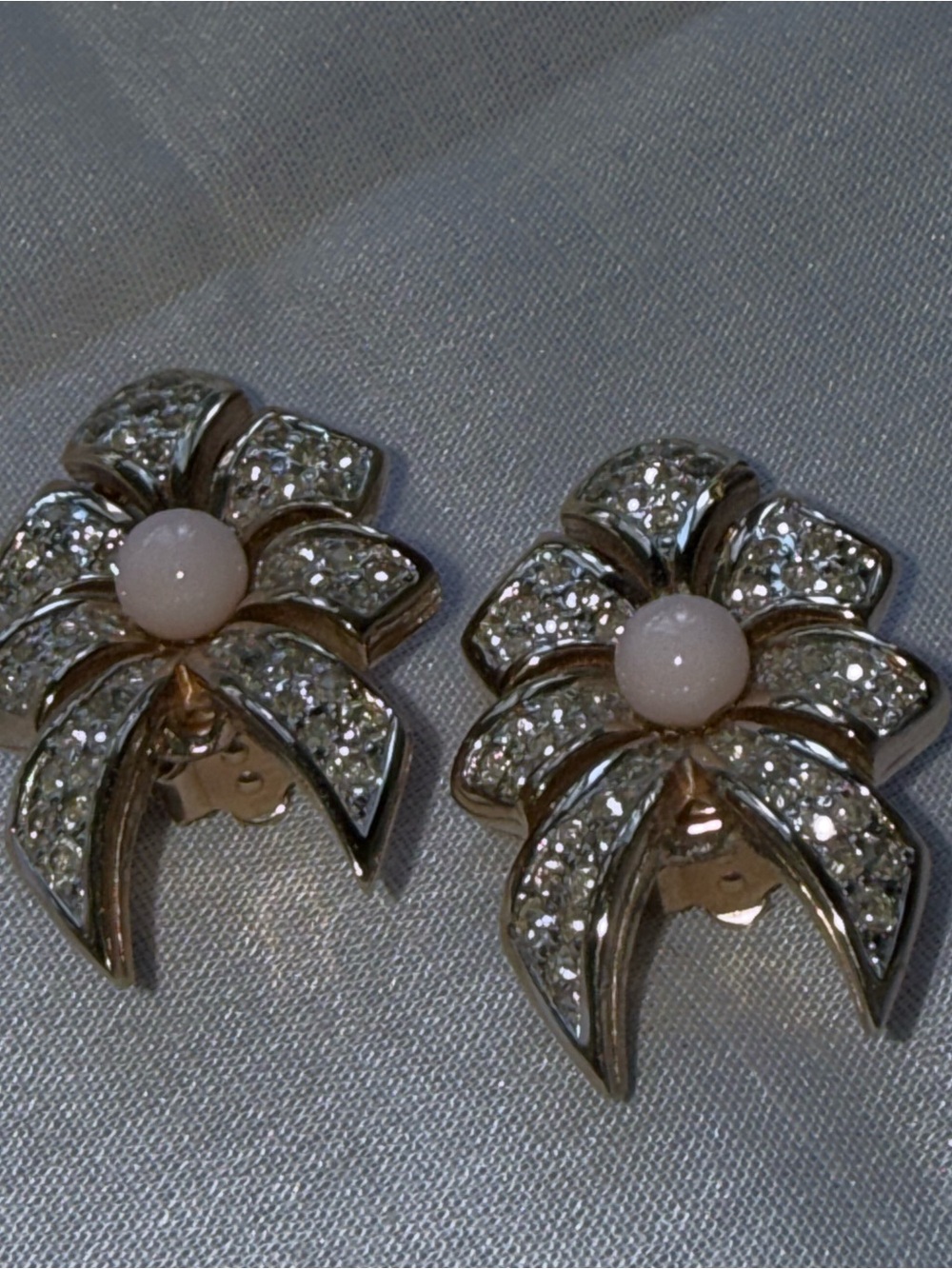 Stunning Vintage Panetta Rhinestone Pave & Pink Cabochon Bow Clip-on Earrings
